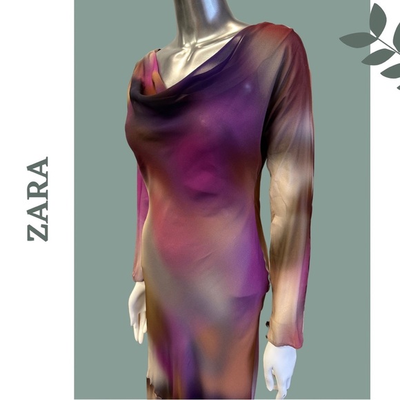 Zara Watercolor Floor Length Chiffon Evening Dress Backless Lined Size Large - Picture 6 of 9